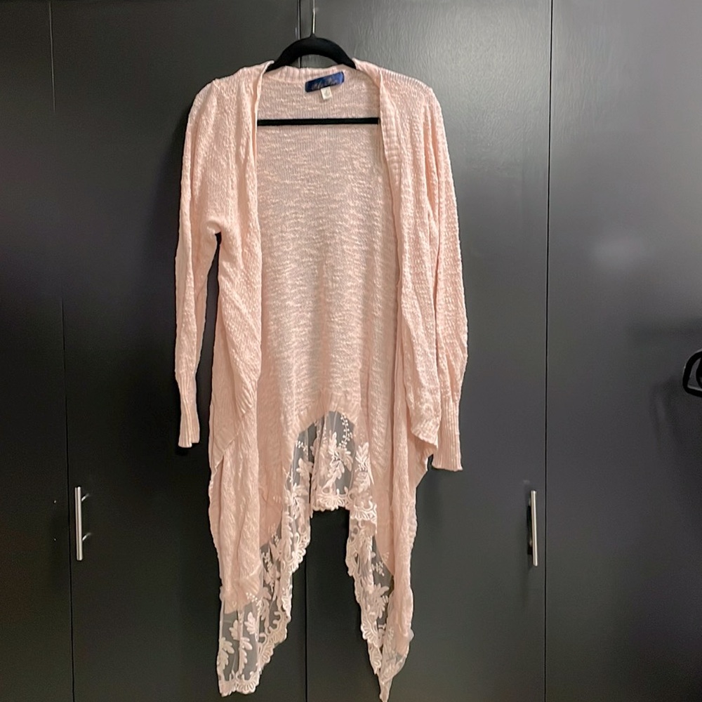 Francesca’s Collection Baby Pink Lace Bottom Cardigan Size L
